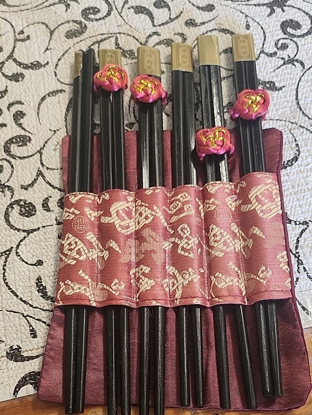 Black Chopsticks Set with Maroon Embroidered Holder
